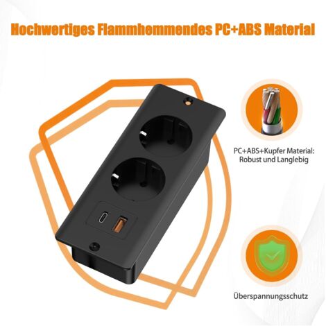 De sobremesa, puerto retráctil con 1 USB y 1 Tipo C, puerto integrado, cable de alimentación de 2 m, bloqueo de mesa, doble enchufe para sobremesa o encimera, color negro.
