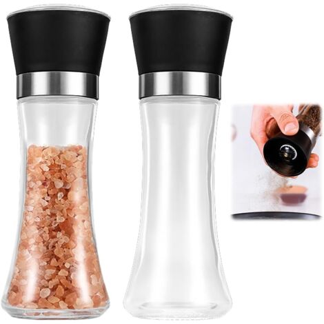 Molinillo de pimienta y sal de 2 piezas y 190 ml, molinillo de especias con molienda ajustable, molinillo manual de vidrio transparente y acero inoxidable, apto para especias, sal y chile. (1/5)
