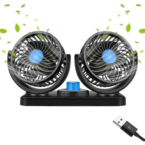 Ventilador USB para coche de 12 V, doble cabezal, portátil, rotación de 360°, bajo nivel de ruido, 2 velocidades, con enchufe para encendedor de cigarrillos, para coche, hogar y oficina, color negro. (1/5)