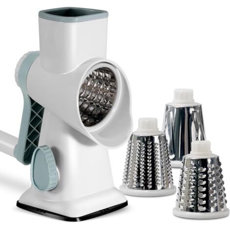 Rallador de queso giratorio con 3 cuchillas intercambiables y base antideslizante, cortador manual de verduras y rallador de queso para queso, pepinos, zanahorias y más, color blanco. (1/5)