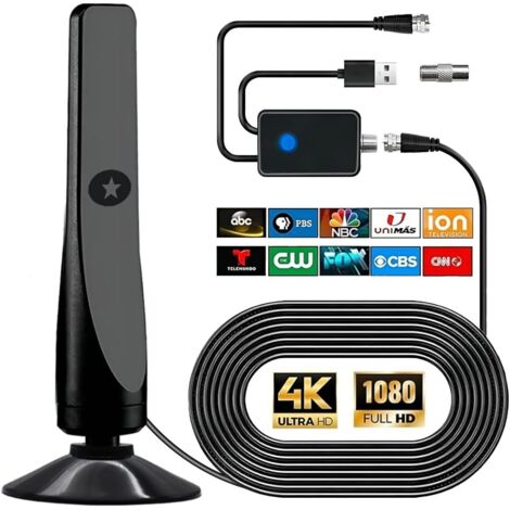 Antena de TV digital, potente antena HDTV para interiores y exteriores con amplificador, recepción de TV de 360° y alcance de 80 km, compatible con 4K y 1080p, TV de señal abierta DVB-T2 VHF UHF, cabl