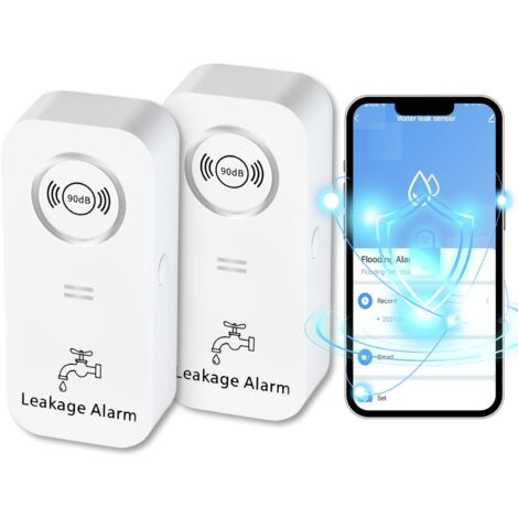 Detectores de agua WiFi (2,4 GHz), sensor de agua de 90 dB y alarma mediante aplicación, alarma de agua inalámbrica, para tuberías, dormitorio, cocina, baño y sótano (paquete de 2).