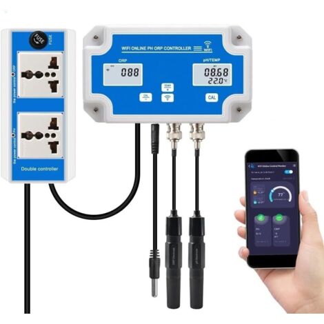 Controlador inteligente de pH y ORP con monitorización y dosificación remota en agua, sondas reemplazables 3 en 1 de pH/ORP/temperatura para hidroponía, acuarios y piscinas.