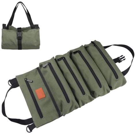 Bolsa de herramientas enrollable de lona 16A con 5 bolsillos con cremallera, bolsa multifuncional para herramientas (verde) (1/5)