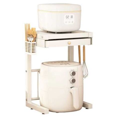 Estantería de cocina de dos niveles con cajón, soporte para cubiertos y ganchos, fabricada en acero resistente, 47 × 28 × 32 cm. (1/5)