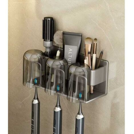 1 soporte para cepillo de dientes eléctrico (gris plateado), soporte para cepillo de dientes de pared con 3 ranuras sin necesidad de taladrar, soporte para cepillo de dientes eléctrico