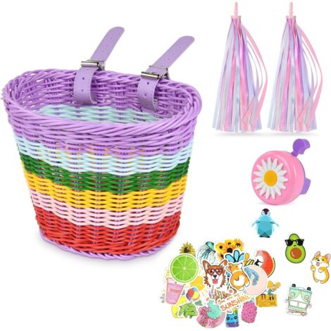 Cesta para bicicleta infantil, cesta para bicicleta infantil tejida a mano, cesta para bicicleta para niñas y niños, con accesorios para bicicleta - arcoíris