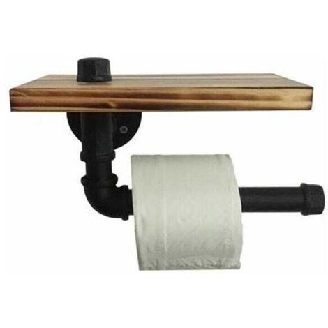 Soporte para papel higiénico - Soporte de tubo metálico de diseño retro con estante y bandeja de madera, color negro - 20 x 15 cm (1/4)