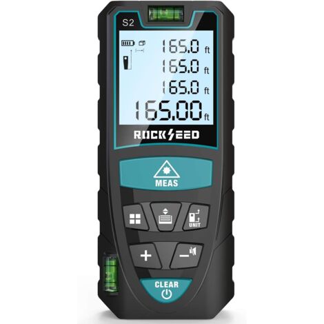 Telémetro láser digital de 50 m/165 pies con 2 niveles de burbuja, telémetro láser portátil, unidades m/pulgada/pie, pantalla LCD retroiluminada y medición de distancia/área/volumen.