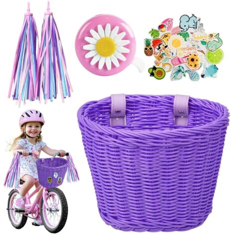 Cesta para bicicleta infantil, cesta desmontable para bicicleta infantil, cesta para bicicleta de niña, accesorios con correa de cuero, reloj para bicicleta y pegatina.