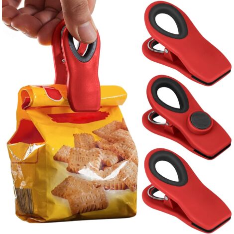 Juego de 4 clips magnéticos para bolsas de alimentos, ideales para bolsas de patatas fritas y otras bolsas de almacenamiento herméticas (rojo). (1/3)