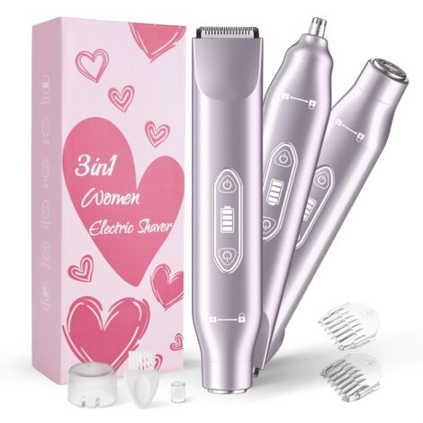 Recortadora de bikini para mujer, afeitadora eléctrica 3 en 1 con cuchillas de cerámica, resistente al agua IPX7, recargable por USB, depilación indolora para rostro, cuerpo y zona del bikini, kit de (1/5)