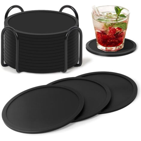 Juego de 12 posavasos redondos de silicona, antideslizantes y aislantes, de color negro, con soportes de almacenamiento, aptos para todo tipo de vasos. (1/5)