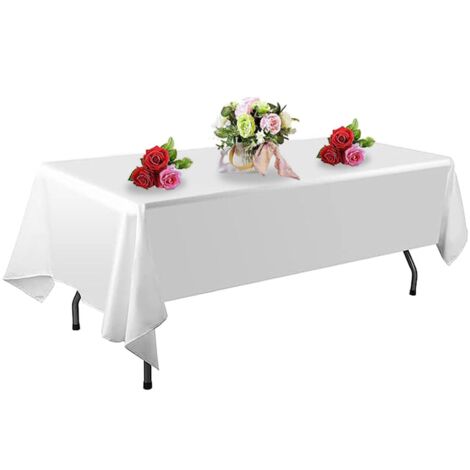 Paquete de 2 manteles blancos, rectangulares de poliéster de 153 x 260 cm, resistentes a las manchas y lavables, ideales para bodas, fiestas y banquetes. (1/5)