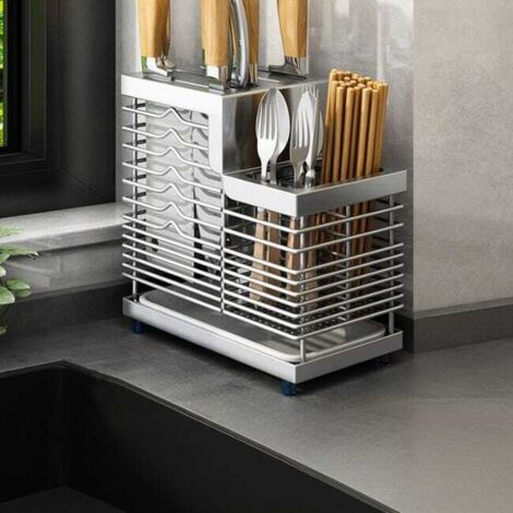 Soporte para cuchillos de acero inoxidable 304, soporte para cuchillos de encimera de cocina + soporte para palillos, colores de acero inoxidable, 2412,722,8 cm (1/5)