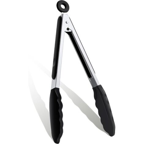 Pinzas de cocina, pinzas para cocinar con puntas de silicona y mango de acero inoxidable, pinzas resistentes al calor con revestimiento antiadherente para cocinar, bufés y ensaladas (negras)