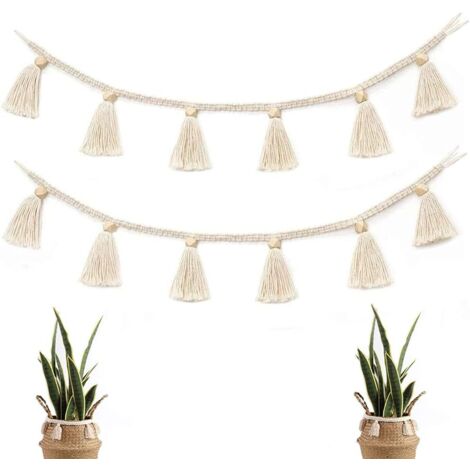 Juego de 2 tapices bohemios de macramé tejidos a mano con borlas, hechos de algodón y lino, para la habitación de un niño, colores arcoíris (blanco). (1/5)
