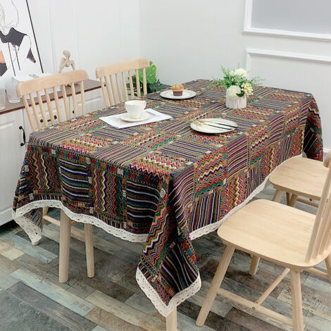 Mantel rectangular de 150x180cm, lavable, de poliéster, estilo étnico con encaje de aspecto lino, resistente a las manchas para el comedor. (1/5)