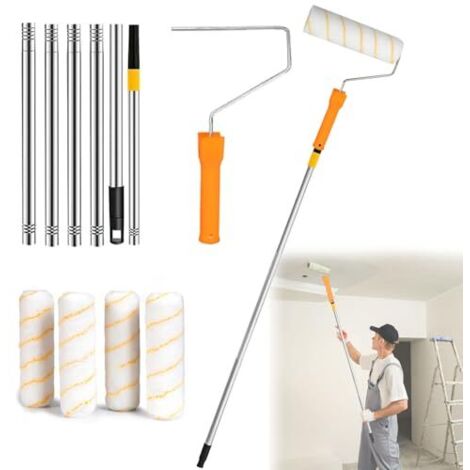 Kit profesional de rodillo telescópico para pintura de 30-180 cm - con 4 rodillos reutilizables y mango XXL - para pintar paredes, techos y realizar reformas.