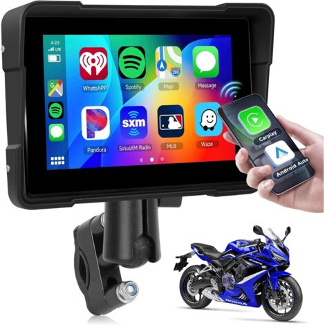 Pantalla táctil inalámbrica Carpuride de 5 pulgadas para motocicleta con CarPlay, resistente al agua IP67, con Android Auto, AirPlay, Android Cast, Bluetooth, control por voz, AUX, USB, ecualizador y