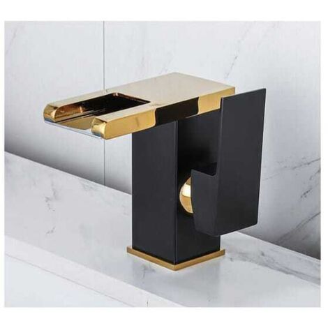 Lavabo de encimera con cascada de agua fría y caliente, grifo de tocador de baño nórdico, inodoro de cobre completo, grifo corto creativo, oro y negro.