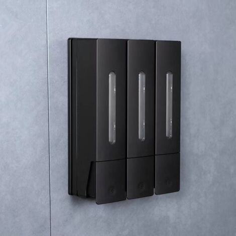 Dispensador de jabón para ducha, 3 x 400 ml, champú y acondicionador, 3 compartimentos, montaje en pared sin taladrar, para baño y cocina (Negro)