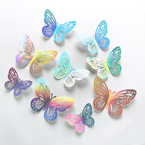Lntyq Schillernde silberne Schmetterlings-Wandaufkleber, holografische silberne Schmetterlings-Wanddekoration, Klassenzimmerdekoration, dekorative Papierwandbilder für Kinderzimmer, glitzernde Partyde