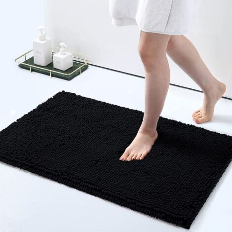 Lntyq 1 Chenille-Badematte, extra weiche und saugfähige, zottelige Badezimmermatte, maschinenwaschbar, plüschiger, rutschfester Teppich für Badewanne, Dusche, Badezimmer (41 x 61 cm, schwarz) (1/5)