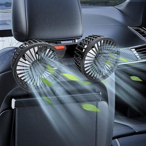 Lntyq 5-V-Doppelkopf-Autolüfter für den Fondpassagier, tragbarer USB-Fahrzeuglüfter, 360-Grad-Drehung, Autositzlüfter mit 3 starken Windgeschwindigkeiten
