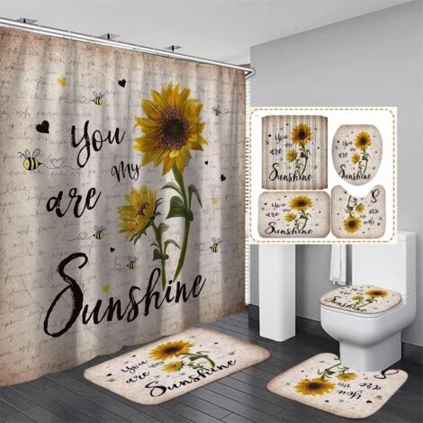 Lntyq Sonnenblumen-Badvorhang-Set mit 4-teiligen Teppichen „You Are My Sunshine“, Badezimmer-Dekor-Set, wasserdichtes Duschvorhang-Set, rutschfester Teppich, Badezimmerteppiche, Duschvorhang-Set mit 1 (1/4)