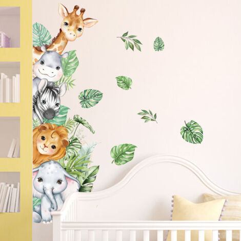 Lntyq Dschungeltier-Wandaufkleber, Cartoon-Tier-Wandaufkleber, Giraffe, Zebra, grüne Blätter, Wandaufkleber für Baby, Kinder, Kinderzimmer, Wanddekoration (1/5)