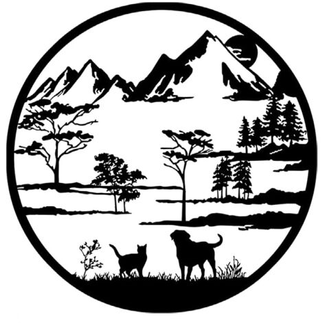 Lntyq Wandkunst aus Metall mit Berg- und Waldmotiv, Wanddekoration mit Hund und Katze, rustikale Wandskulptur, Innen- und Außendekoration, 40 cm (1/4)