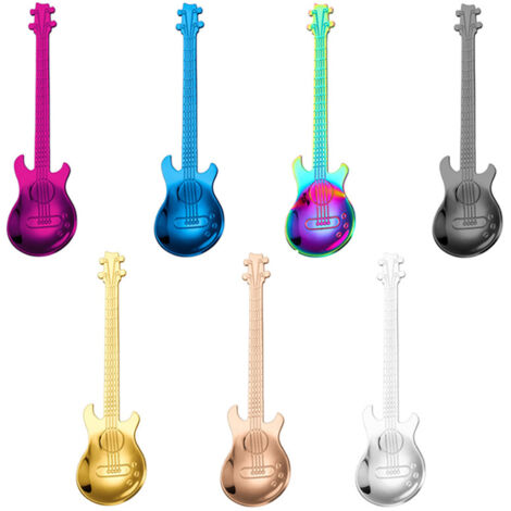 Lntyq Edelstahl-Kaffeelöffel, 7 Stück, Gitarren-Kaffeelöffel, kleine Löffel, Löffel mit langem Griff, zum Mischen von Milchshake, Tee, Dessert, Getränk (1/5)