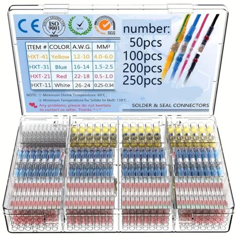 Lntyq 250-teiliger Lötdichtungsdrahtverbinder - Schrumpflöt-Stoßverbinder - Lötverbinder-Kits - Isolierte wasserdichte Kabelklemmen für Autos und Schiffe
