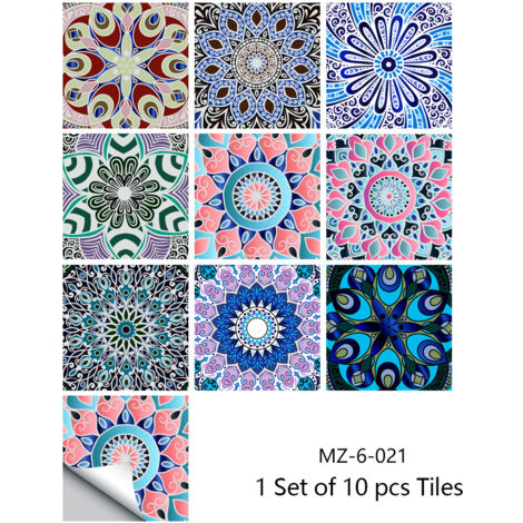 Lntyq Fliesenaufkleber, wasserdicht, PVC, selbstklebend, Wanddekoration, Badezimmer, Küchenwand, Bohemian-Mosaik-Stil, Aufkleber für Badezimmer, Küchenwand, DIY, 10 Stück (20 x 20 cm)