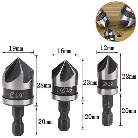 Lntyq 3-teiliges 90-Grad-Fasenfräser-Set mit 5 Nuten für Holz, Metall, Schnellwechsel-1/4-Zoll-Sechskant-Fasenbohrer aus Kohlenstoffstahl, Holzbearbeitungs-Fasenschneidwerkzeug 12/16/19 mm (1/4)