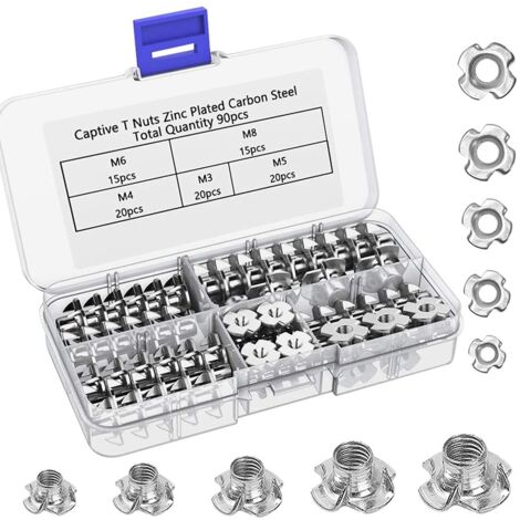 Lntyq 90pcs acier au carbone M3 / M4 / M5 / M6 / M8 quatre broches T-écrous, inserts aveugles écrou pour meubles en bois (1/5)