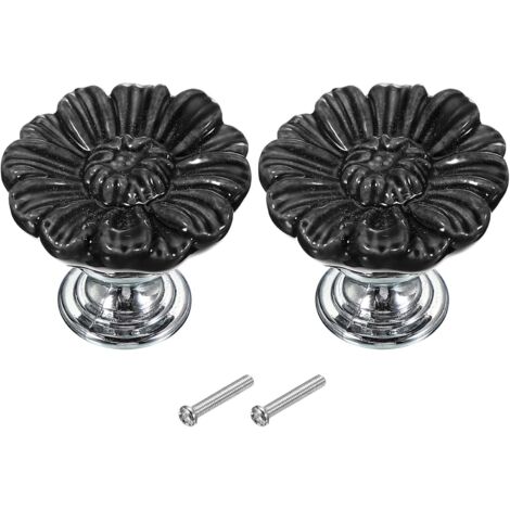 Lntyq Runde Schubladengriffe aus Keramik im Vintage-Stil mit Blumenmuster, 3,3 cm (1-5/16 Zoll), 2 Stück, inklusive Schrauben, für Kommodenschubladen, Türen, Küche, Bad, Kleiderschrank, Schwarz (1/4)