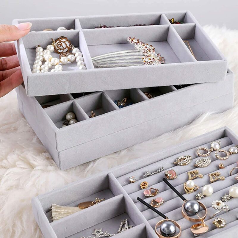 Plateau Organisateur Bijoux Gris – Pour Tiroir – Compartiments Pour Bagues, Boucles D’oreilles, Colliers – Tissu Floqué Doux