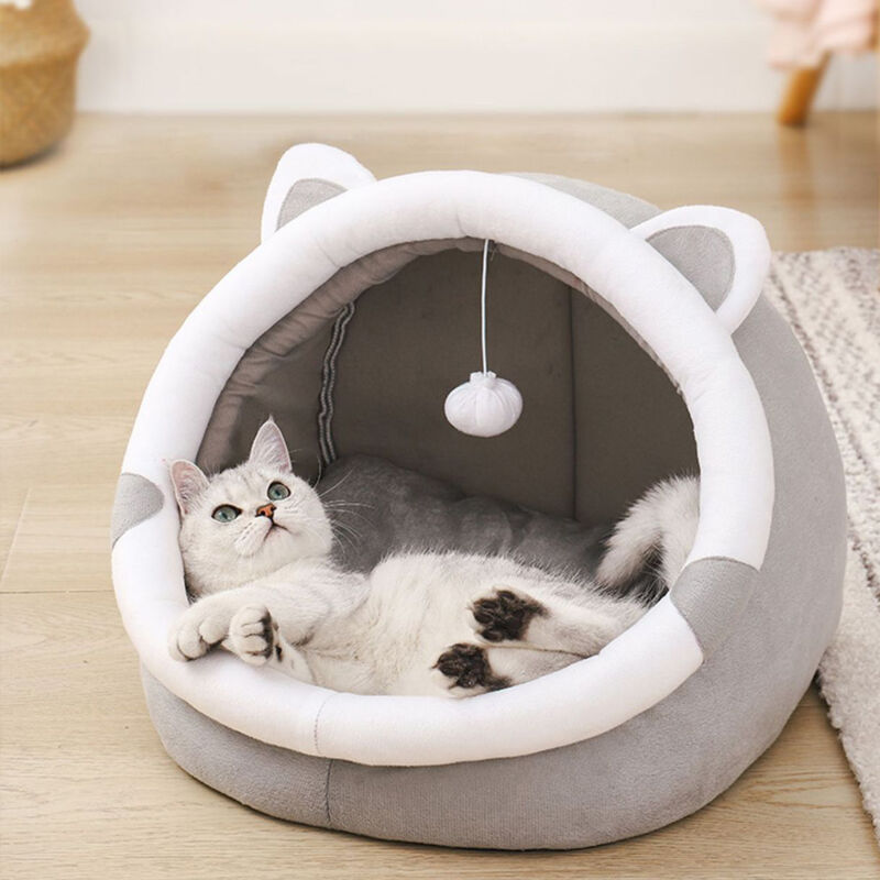 Lit Niche Pour Chat Intérieur Avec Coussin Amovible Et Jouet Suspendu - Gris, 35x38x31 Cm - 5