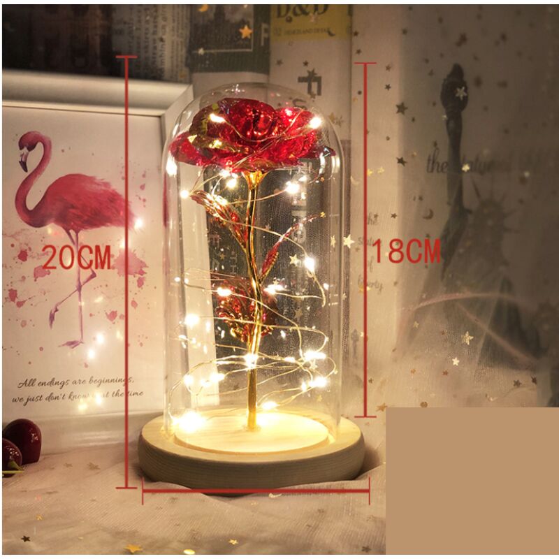 DONGQI Rose Eternelle sous Cloche, La Belle et la Bête Rose,avec Lumineuse LED et Cartes, Dôme en Verre et Base en Bois, Cadeaux pour la Saint-Valentin,Fête des Mères journée des Femmes