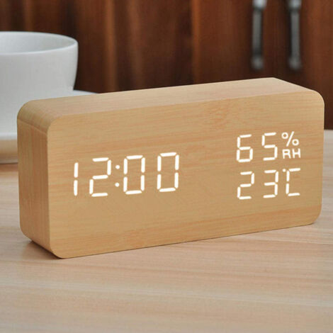 Réveil Numérique Bois Design – Alarme Multiple, Affichage Heure/Température/Humidité, Luminosité Réglable, Style Naturel
