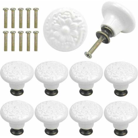 10 Pcs Bouton de Tiroir en Céramique Poignée de Meuble Ronde Gravure Vintage avec Vis - Blanc (1/5)