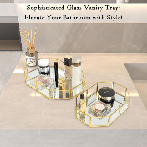 Plateau à Parfum Doré Avec Verre - 20x20x5 Cm, Cadre Laiton, Organisateur De Maquillage Et Bijoux Pour Commode