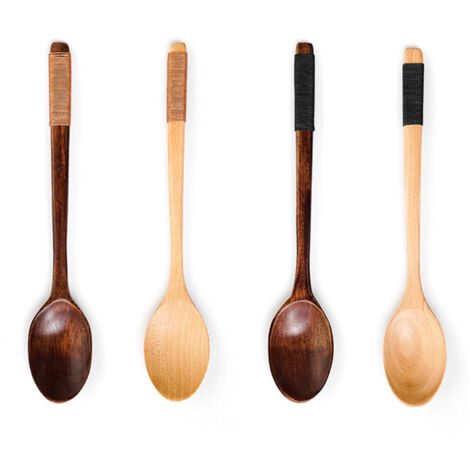 Cuillère en bois naturel, cuillère à café multifonctionnelle à manche long pour thé cuillère à soupe au miel accessoires de cuisine