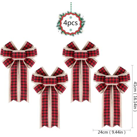 Lot de 6 nœuds de Noël en toile de jute à carreaux double couche pour décoration de sapin de Noël pour porte d'entrée, vacances, mariage, Noël, Thanksgiving (noir et blanc, rouge et