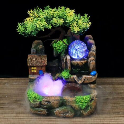 Fontaine de table d'intérieur en polyrésine avec éclairage LED, fontaine cascade de bureau avec décor rocaille pour salon, chambre à coucher, bureau, café