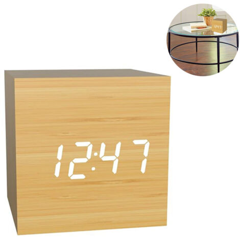 Réveil LED Cube Bois ThreeH - Affichage Heure/Date/Température + 3 Alarmes - Design Moderne USB Ou Piles - Noir/Blanc