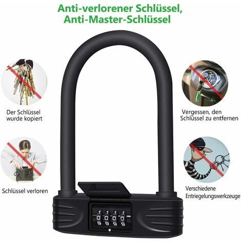 Antivol en U à 4 chiffres pour moto/vélo - cadenas à combinaison/antivol en D réinitialisable