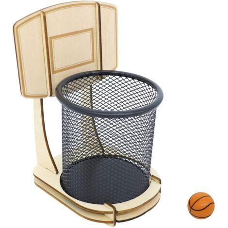 Porte-crayon créatif, support de basket-ball en bois fait à la main, organisateur de crayons avec une balle, gobelet à crayons en maille métallique pour enfants, bureau, maison, fournitures scolaires, (1/5)